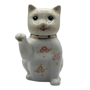 Vintage Lucky Waving Kitty Cat Single Teapot Creamer Floral Design Maneki Neko